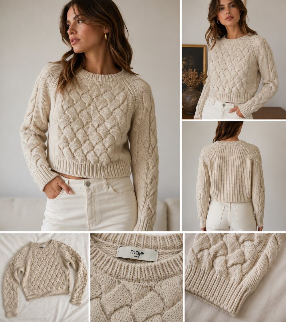 Maje Paris Wool Blend Cable Knit Cropped Sweater Cream Basketweave Women's M